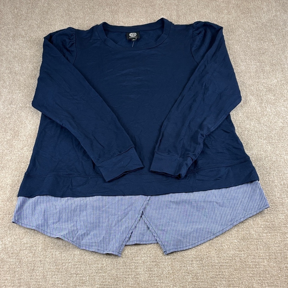 Bobeau Women's Pullover Long Sleeve‎ Knit Blue Top with Striped Detail Sz L NWOT